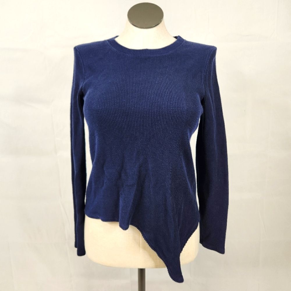 Madewell Navy Blue Rib Knit Asymmetrical Crew Neck Long Sleeve Sweater Top Sz S